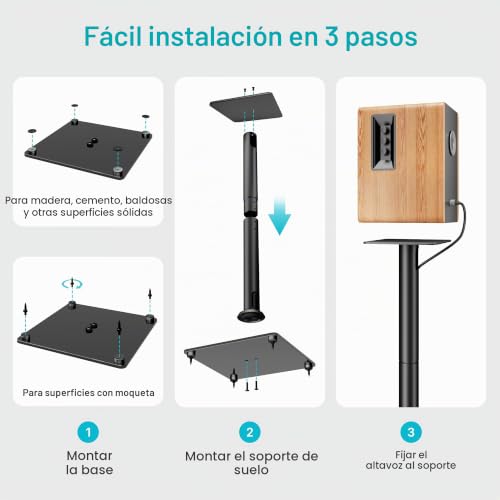 Soporte altavoces de suelo de acero resistente PEGZONE con base de cristal negro 6