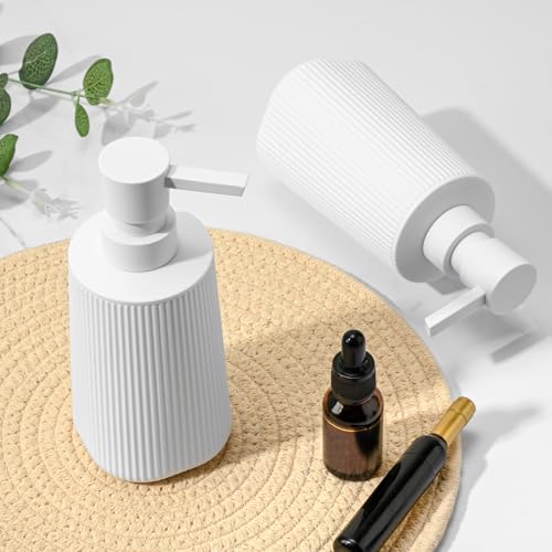 Image of White 2 Pack Hand Soap Dispensers Set with No Rust Pump for Bathroom and Kitchen Countertops Refillable Matte Striped Plastic 8.5 oz