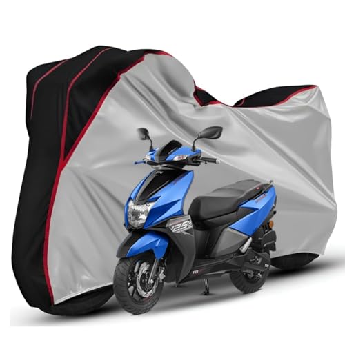 Image of Waterproof Bike Body Cover Compatible with Tvs Ntroq Dustproof Scratchproof - Motorcycle Cover for Two Wheeler, Outdoor Full Cover with UV, Duty, Rain Protection (Silver Top Black) R1