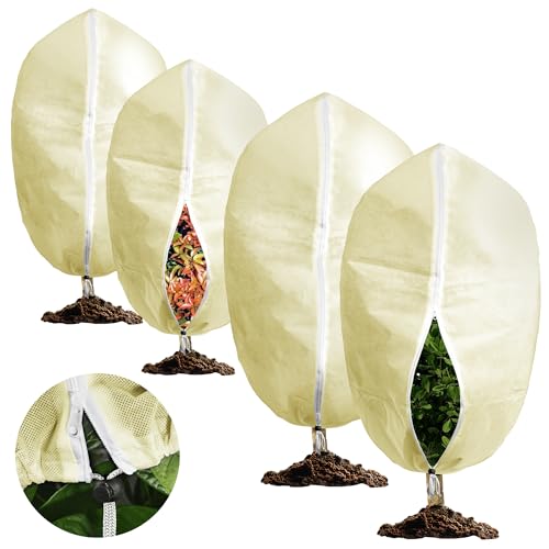 Chumix Pack de 4Voile Hivernage Plante Exterieur, Respirable 70 g/m², Voile d Hivernage pour Plantes Exterieur Fermeture Éclair et Cordon de Serrage, Beige 60x80cm 2pcs + 80x120cm 2pcs