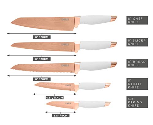 Tower Damascus Effect Kitchen Knife Set with Stainless Steel Blades and Acrylic Stand, Rose Gold/White, 5 Piece