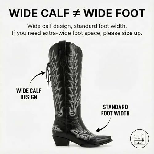 Image of Uillnoodu Wide Calf Cowboy Boots Women Adjustable Lace Up Knee High Tall Plus Size Cowgirl Boots Western Style Comfortable 2-Inch Heel
