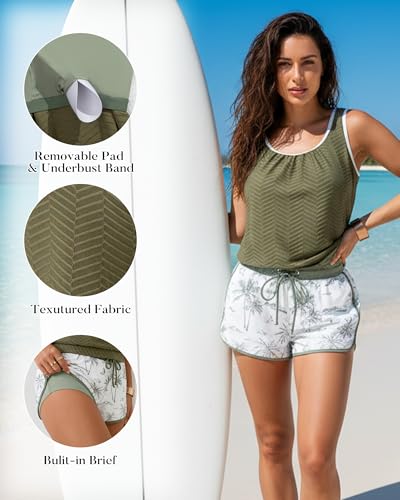 Image of Aidonger Women's Tankini Swimsuit Modest Two Piece Bathing Suit Tummy Control Athletic Blouson Tank Top with Short Bottoms
