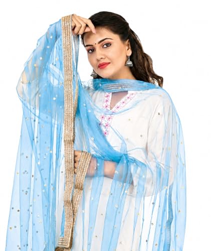 Image of YOUTHQUAKE Women's Net Embroidered Full Size Dupatta With 4 Side Golden Lace