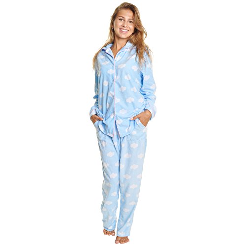Angelina Womens Pajama Set with Notch Collar and Pockets | Blue Base with White Clouds | Women's Cozy Fleece PJ56_XL