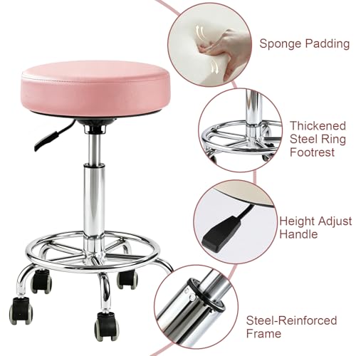 Image of Rolling Stool with Wheels - 500lbs,Thick 9.5cm Cushion, Height Adjustable | PU leather|Swivel silent rubber casters|Foot pedal ring|space-saving|For Drafting salon tattoo clinic garage home office
