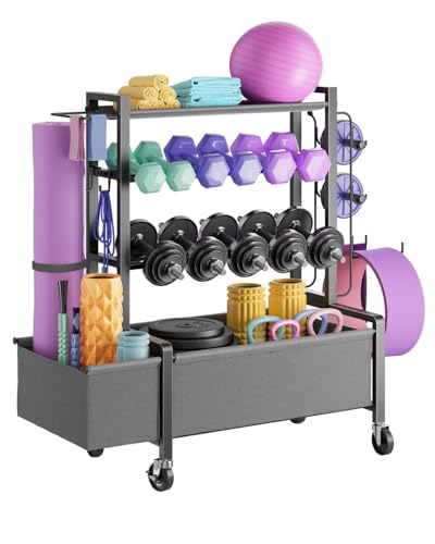 FavourLife Adjustable Dumbbell Rack, 4-Tier Movable Weight Rack Stand for Home Gym Up To 405lb with Lockable Caster & Hooks, Home Gym Equipment Storage for Dumbbell Kettlebell Yoga Mat Ball