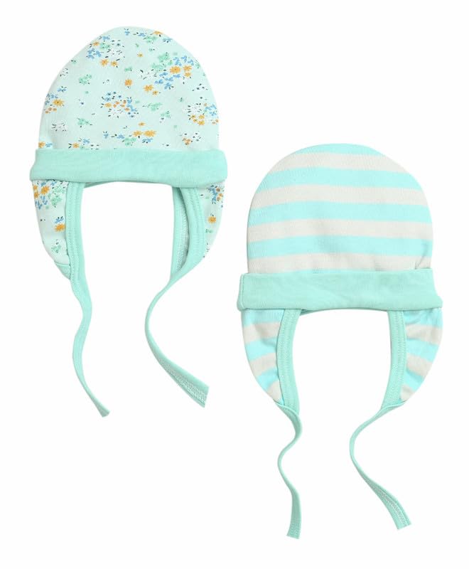 Image of BUMZEE Mint & Multi Baby Girls Ear Flap Tying Cap Pack of 2 (Peb10083)