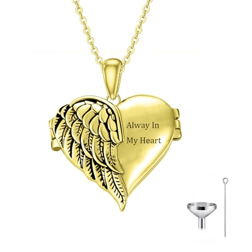 Heart Cremation Urn Necklace for Ashes, Custom Solid 10K 14K 18K Real Gold Wing Heart Urn Necklace, Personalized Memorial Jewelry Keepsake Necklace for Women