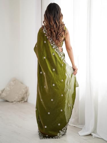 Image of Satrani Women's Tissue Silk Scalloped Border Sequins Embroidery Saree with Unstitched Blouse Piece