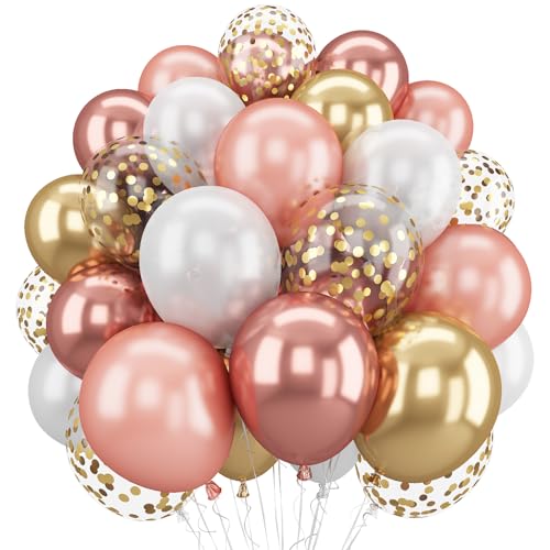 Balões de confetes de ouro rosa, 60 pacotes de balões metálicos de 12 polegadas de ouro rosa e ouro cromado com fita para meninas e mulheres, aniversários, casamento, aniversário, decoração de chá
