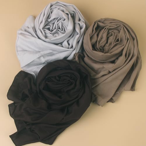 Crinkle Cotton Head Scarf Shawl,3PCS Long Hijab,Plain Color Breathable Turbans Headwraps for Muslim Women3