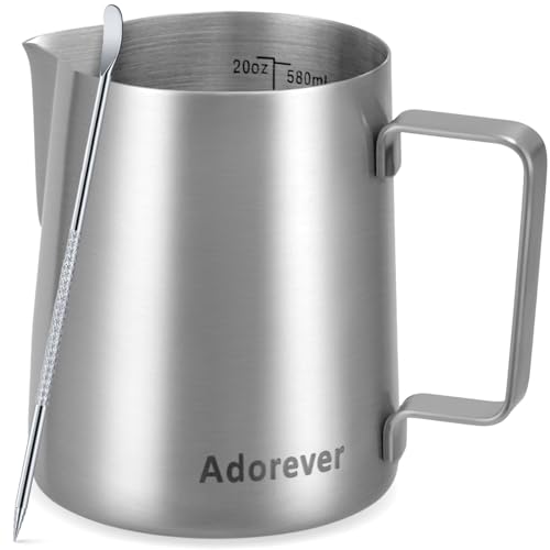 Image of Milk Frothing Pitcher, 20oz Stainless Steel Milk Frother Cup Steaming Pitcher, Cappuccino Espresso Accessories Coffee Bar Barista Tools, Metal Steamer Cup Milk Jug with Latte Art Pen, Matte Steel