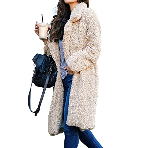 HINDOLA Women Fuzzy Fleece Lapel Open Front Long Cardigans Coat Faux Fur Fall Winter Warm Outwear Long Jackets