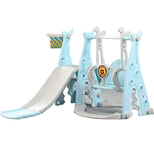 RUXINGGU 4 en 1 Juego de Columpio y Escalada para niños con aro de Baloncesto extraíble, tobogán Largo, Escalera de Escalada Individual, área de Juego para niños al Aire Libre e Interior(Blue)