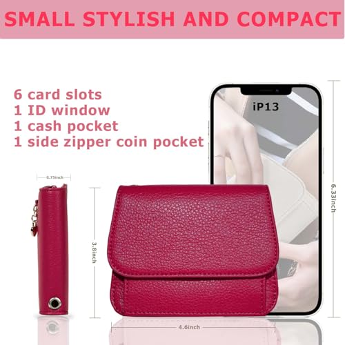 Image of Women Small Wallet RFID Blocking Slim Wallet with Coin Pocket Tri-Fold Credit Card Holder with ID Window and Keychain (Red)