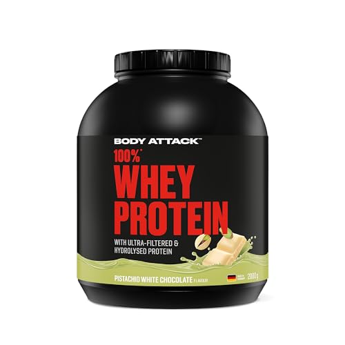 Body Attack 100% Whey Protein Pistachio White Choc. 2 kg - Made in Germany - Extra cremiges Eiweißpulver mit Hydrolysat & BCAAs unterstützt Muskelaufbau und Diäten - Für Sportler & Athleten
