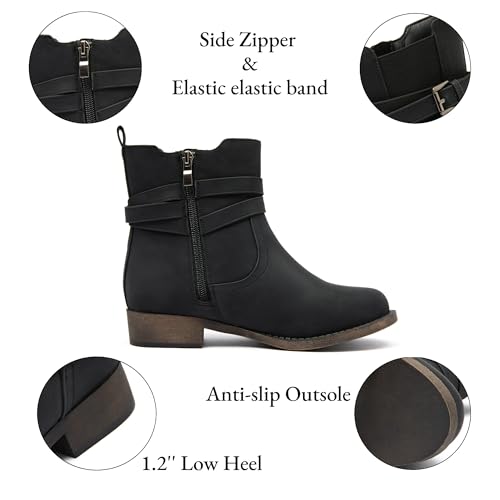 Ataiwee Women's Ankle Boots - Classic Side Zip, Comfortable Platform, Cover with Buckle Strap, Round Toe, Low Chunky Heel Comfort Slip On Fashion (Black/Dark Brown/Grey) Boots.3