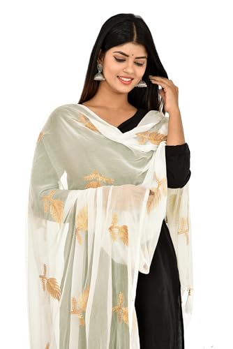 Image of YOUTHQUAKE Women's Golden Patti Work Embroidered Chiffon Dupatta for Womens & Girls With Latkan