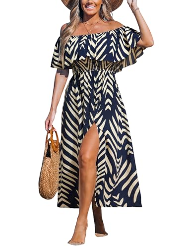 Image of CUPSHE Women Ruffle Floral Maxi Summer Dress Off Shoulder Short Sleeve Backless Flounce Bodice Slit Hem Beach Dresses