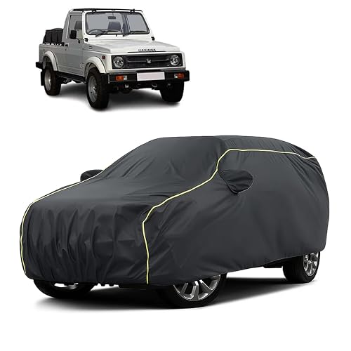Image of Sulfar 100% Water Resistant Car Body Cover Compatible with Mirror for Maruti Suzuki Gypsy (Triple Stitched, Full Bottom Elastic, Dark Grey Taffeta with Yellow Piping)