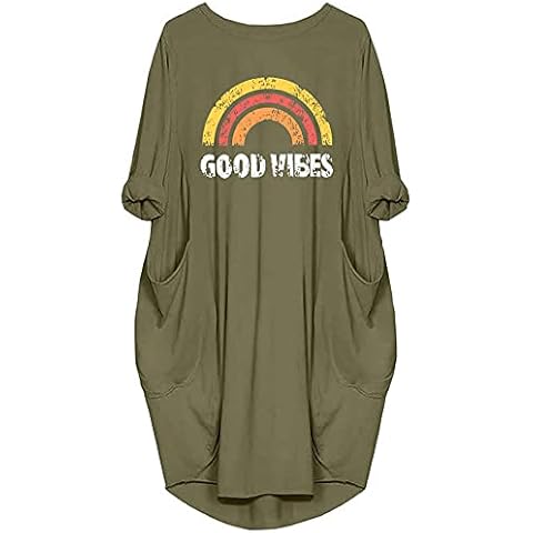 Women's Dress Good Vibes Rainbow Print Casual Long Sleeve Round Neck with Pockets Loose Tops Cover