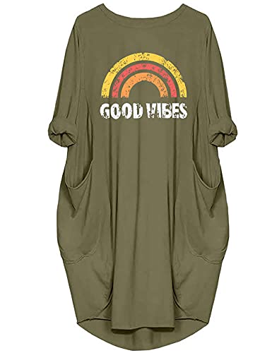 Women's Dress Good Vibes Rainbow Print Casual Long Sleeve Round Neck with  Pockets Loose Tops at Amazon Women's Clothing store