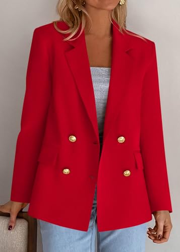 KIRUNDO Blazers for Women Business Casual 2025 Fall Long Sleeve Double Breasted Open Front Work Suit Jackets with Pockets(Red, Small) — view 2