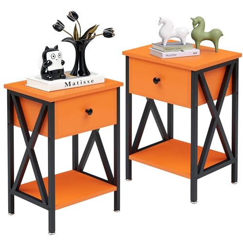 Image of VECELO Nightstands, Modern Bedside End Tables Set of 2, Night Stand with Drawer and Storage Shelf for Living Room Bedroom, Industrial Metal Frame