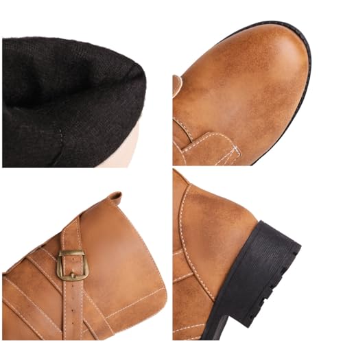 Women's Mid Calf Cowboy Boots Wide Calf Fit Round Toe Low Heel Pull-On Biker Style with Buckle for Winter and Party Wear3