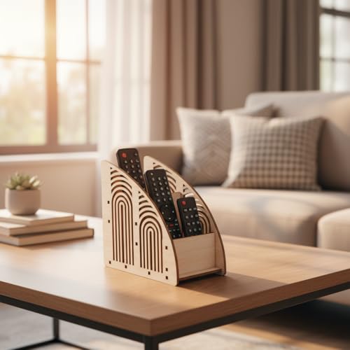 Image of Wooden Remote Control Holder with 2 Compartments - MDF Desk Organizer for TV Remotes, Mobile, Accessories Modern Geometric Design Storage Stand (7 x 2.5 x 5 Inches)