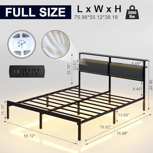 Image of J.Fkne Full Bed Frame with LED Lights & Charging Station, Metal Platform Bed Frame with 2 Tier Storage Headboard, Under Bed Storage, No Box Spring Needed, Noise Free, Easy Assembly