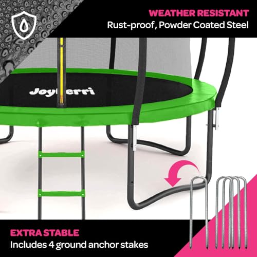 Image of JoyBerri Upsurge Trampoline Outdoor - ASTM Certified Safe 8Ft 10Ft 12Ft 14Ft 15Ft 16Ft Recreational Trampoline for Kids and Adults. Anti-Rust Coating with Enclosure Net, Ladder, Sprinkler & LED Lights