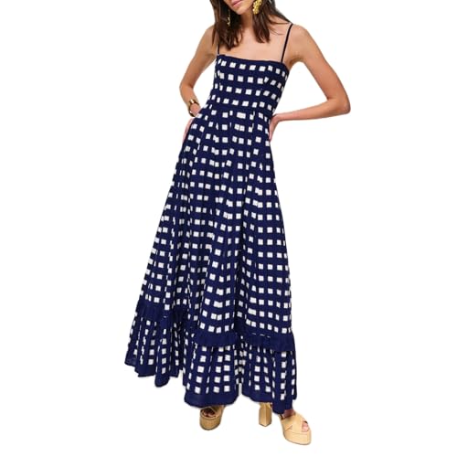 Image of Yuemengxuan Boho Maxi Dresses for Women Spaghetti Strap Flowy Smocked Long Dress Casual Summer Vacation Beach Maxi Dress