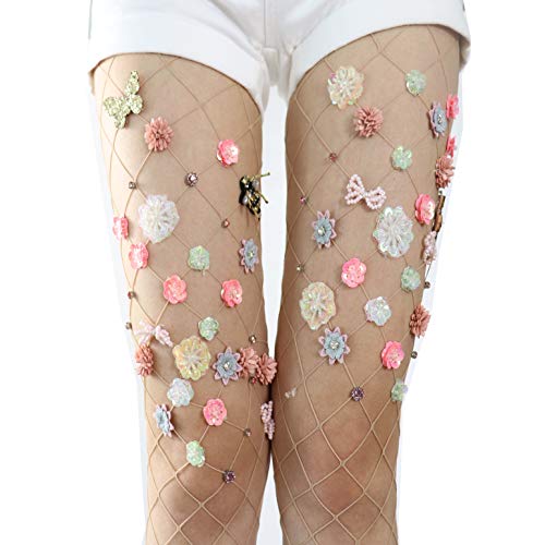 Image of Ulalaza Sparkle Hollow Out Letter Nude Colorful Rhinestone Hot Drilling Fishnet Pantyhose Tights for women Luminous