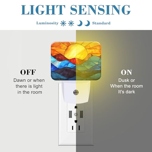 Image of Stained Glass Sunset Night Light Plug into Wall, Colorful Glass Mountains Night Light with Dusk to Dawn Sensor for Kid Girls Boys Women Men Room, Hallway, Kitchen, Bathroom, Stairs Decor