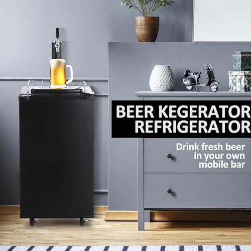 Image of PioneerWorks Beer Kegerator, Single Tap Draft Beer Dispenser, Full Size Stainless Steel Keg Refrigerator With Drip Tray, CO2 Cylinder, 32F- 50F Temperature Control