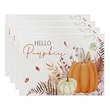 ONFAON Fall Decorations for Home,Fall Placemats Set of 4,Orange Hello Pumpkin Leaves Washable Table Dinner Mats for Autumn Farmhouse Home Kitchen Decor, 12 x 18 Inch CD01