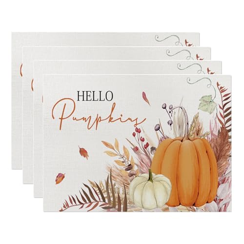ONFAON Fall Decorations for Home,Fall Placemats Set of 4,Orange Hello Pumpkin Leaves Washable Table Dinner Mats for Autumn Farmhouse Home Kitchen Decor, 12 x 18 Inch CD01