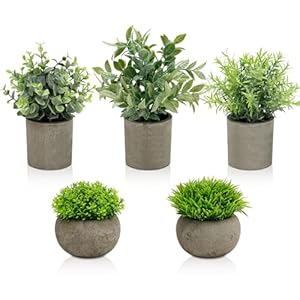 Artificial Potted Plants Faux Greenery in Cement Pots for Shelf, Bookshelf, Office or Home Decor, Small Decorative Fake Plants for Modern Indoor Display