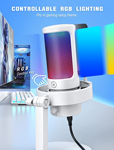 Fifine AMPLIGAME Gaming USB PC Computer RGB Microphone for Live Streaming, Meeting, Podcasting, Video, Condenser Mic with Monitoring Headphone Jack, Light Control, for MAC OS/Windows-A8 White