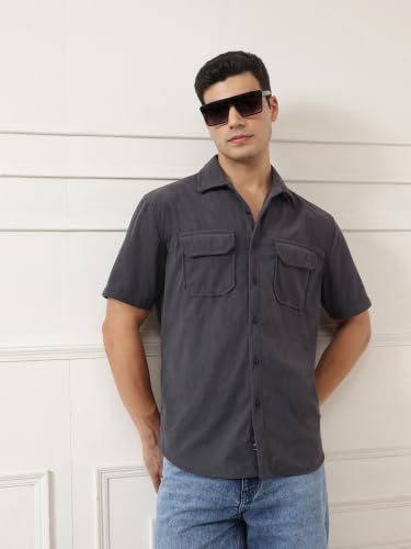 Image of Thomas Scott Men's | Solid | Half Sleeve | Regular Fit | Polyester-Blend | Double Flap Pocket | Spread Collar | Casual Shirt
