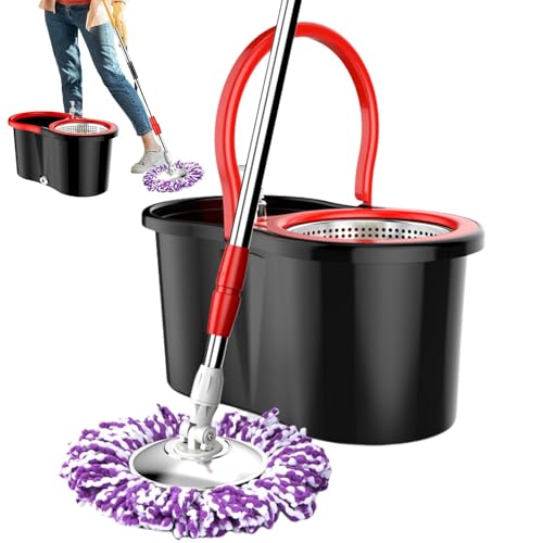 MOP con cubo - sistema de fregona autoescurrida, fregona de microfibra giratoria de 360 ° | Fácil apretón con escurridor, limpieza multifuncional fregona carenado conjunto fregona sistema de limpieza