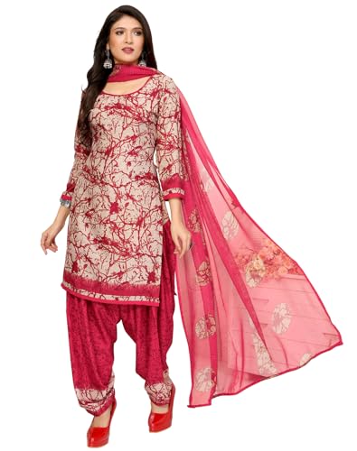 Image of Yashika Women's Printed Dress Material - Unstitched Crepe Fabric Kurti, Pants & Dupatta Set