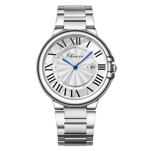 JewelryWe Reloj Cuarzo Analógico Pareja: Reloj Redondo Resistente al Agua para Hombre y Mujer Correa de Acero Inoxidable Extraíble Calendario Escala de Números Romanos - para Ocio Negocios Reg