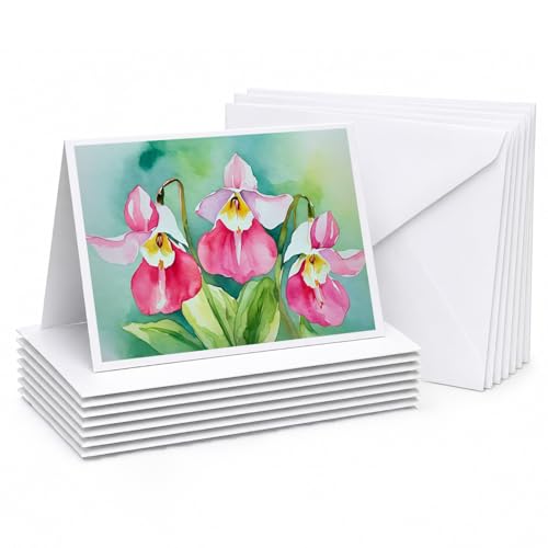 Caroline's Treasures DAC1673GCA7P Minnesota Pink and White Lady�s Slippers in Watercolor Greeting Cards and Envelopes Pack of 8 Blank Cards with Envelopes Whimsical A7 Size 5x7 Blank Greeting Cards