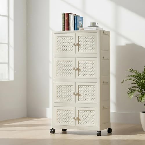 Image of House of Quirk Rattan Design Foldable Storage Box with Wheels, Stackable Storage Bins with Lid, Multi-Purpose Organizer, Space-Saving Storage Cabinet for Home (White, 4 Layer)
