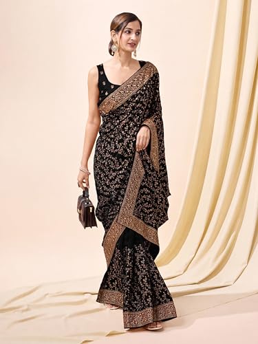 Image of TRENDMALLS Women's Vichitra Silk Heavy Embroidery With Siroski Stone Work Saree with Unstitch Blouse Piece For Women