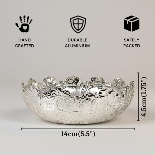 Image of Handcrafted German Silver Urli Bowl | 5.5 Inch Decorative Floating Flower Bowl | Embossed Floral & Grape Vine Design | Home Decor, Pooja, Serving