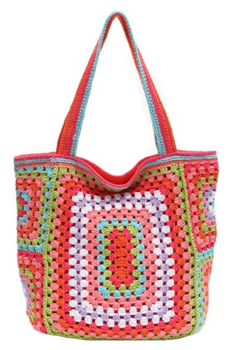 Image of Knitted Shouder Bags for Women Crochet Handbag Colorful Summer Totes Oversized Woven Top Handle Purse